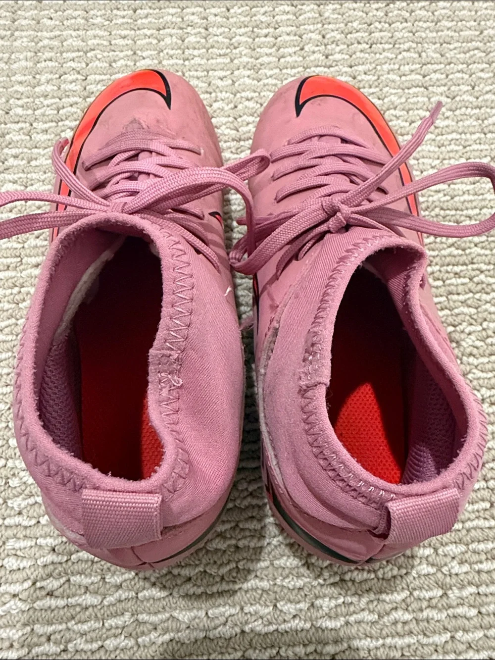Nike Girls Pink Athletic Cleats with Orange Swoosh Size 1Y